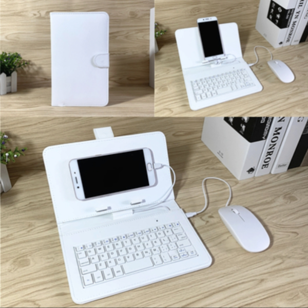 [HCM]Bao da bàn phím kèm chuột + lót chuột + đầu chuyển đổi Type-C cho điện thoại máy tính bảng từ 4.4.-7.8 inch ( màu trắng)
