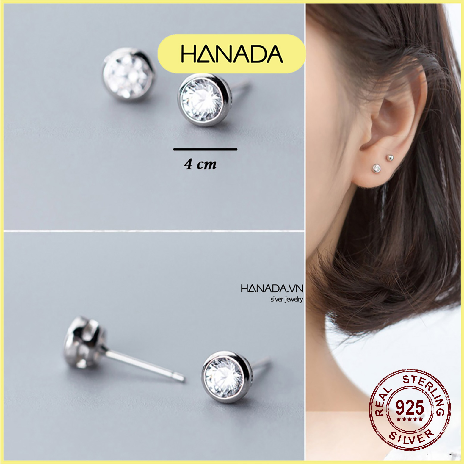 [HCM] Bông Tai Bạc Cao Cấp Hanada Đá Tròn Viền 0404