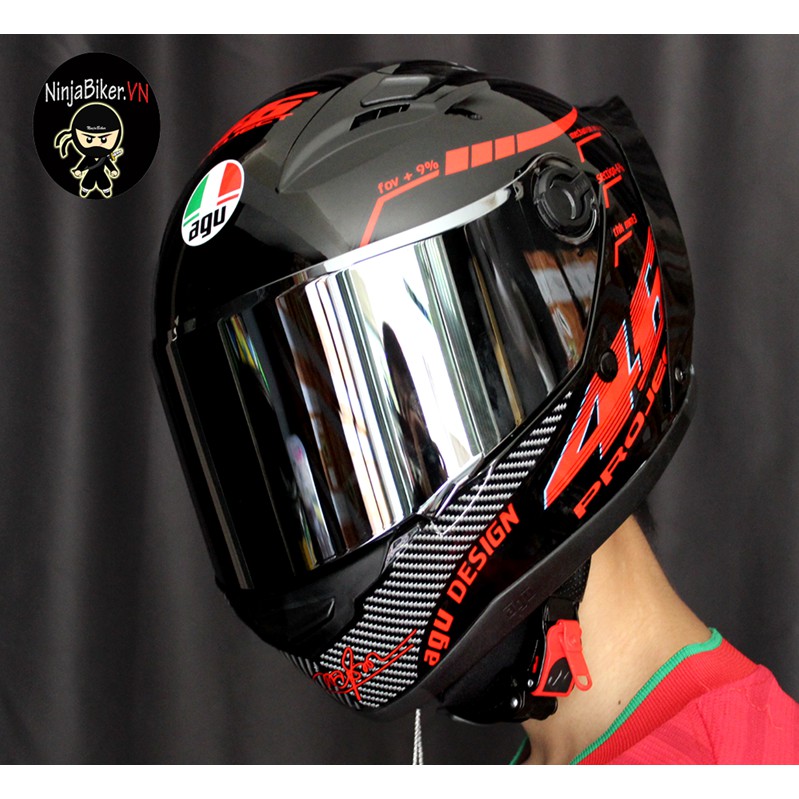 Nón Fullface Agu 46 Đỏ gắn sừng đuôi gió