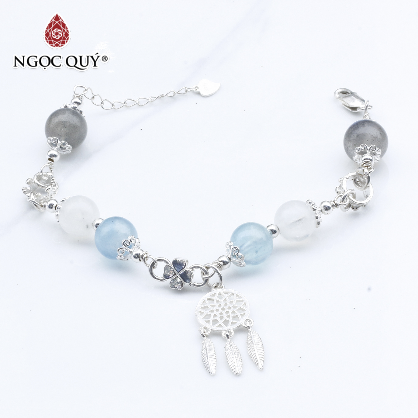 Vòng lắc bạc phối charm aquamarine và thạch anh trắng mệnh thủy mộc - Ngọc Quý Gemstones