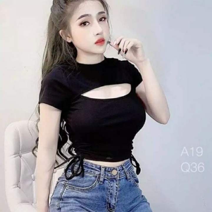 Áo croptop xẻ ngực rút 2 bên