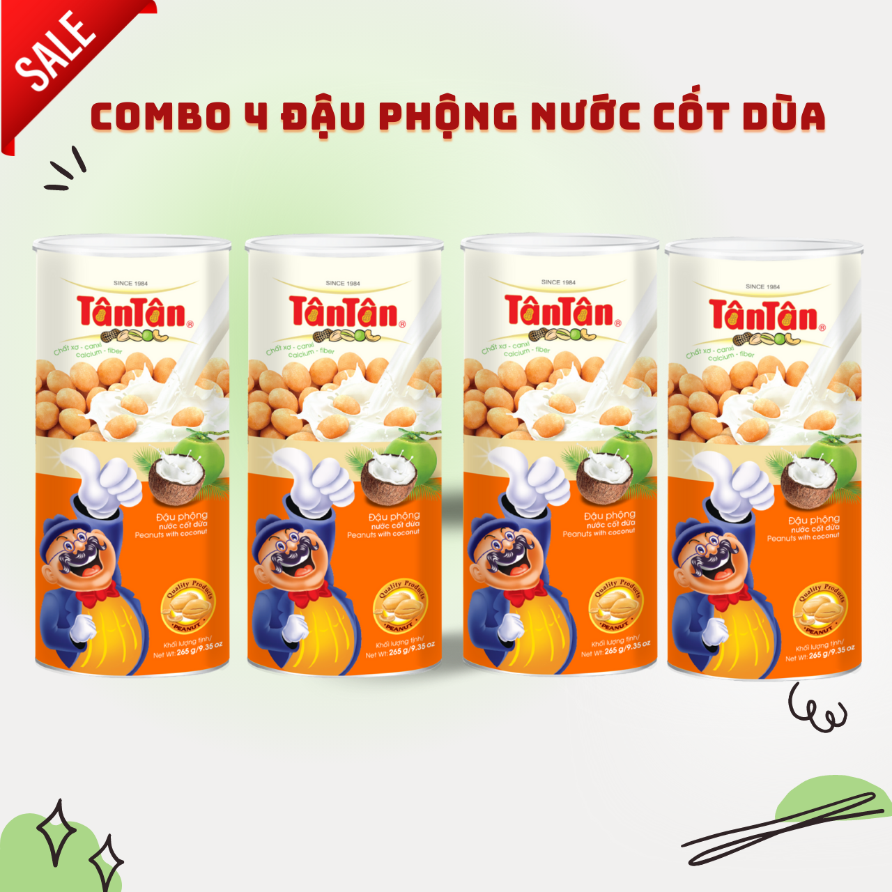 Combo 4 lon Đậu phộng Nước cốt dừa Tân Tân 265g