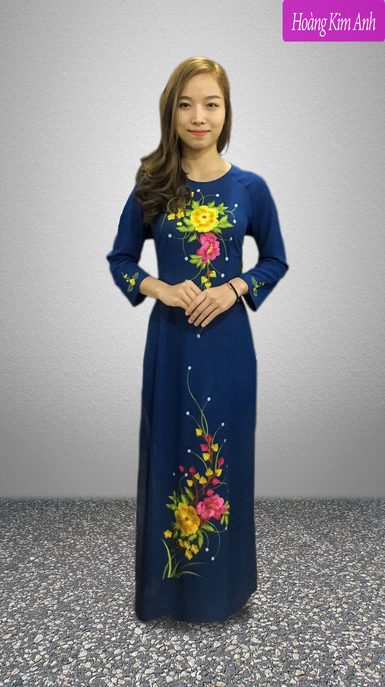 Áo dài truyền thống hoa thêu chi phông kèm quần, áo dài truyền thống