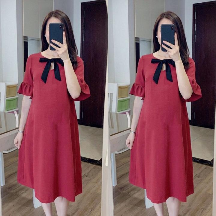 Đầm bầu đỏ tay loe