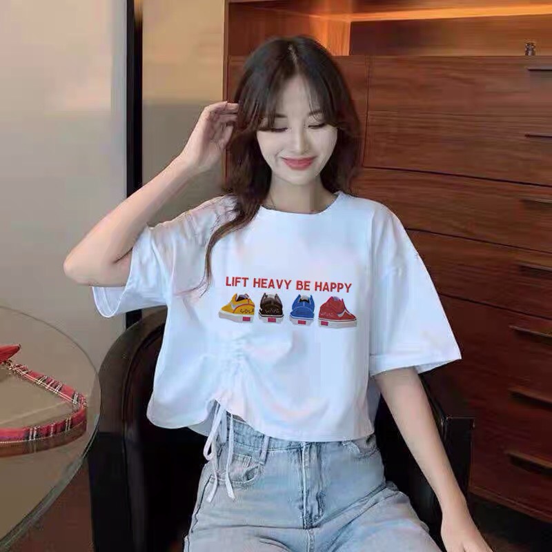 ÁO CROPTOP DÂY RÚT EO IN HÌNH DỄ THƯƠNG