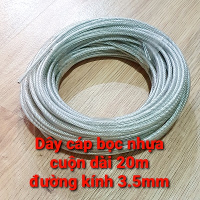 Cuộn 20 Mét Dây Cáp Thép Bọc Nhựa Phi 3,5mm Tặng 2 Ốc Siết Cáp Tương Xứng