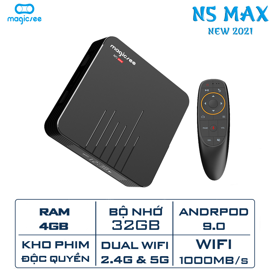 Android Tivi Box Magicsee N5 Max - Ram 4GB Rom 32GB Android 9.0 - Có Bản Rom ATV [ Phiên bản 2020 tặng khiển giọng nói google ]