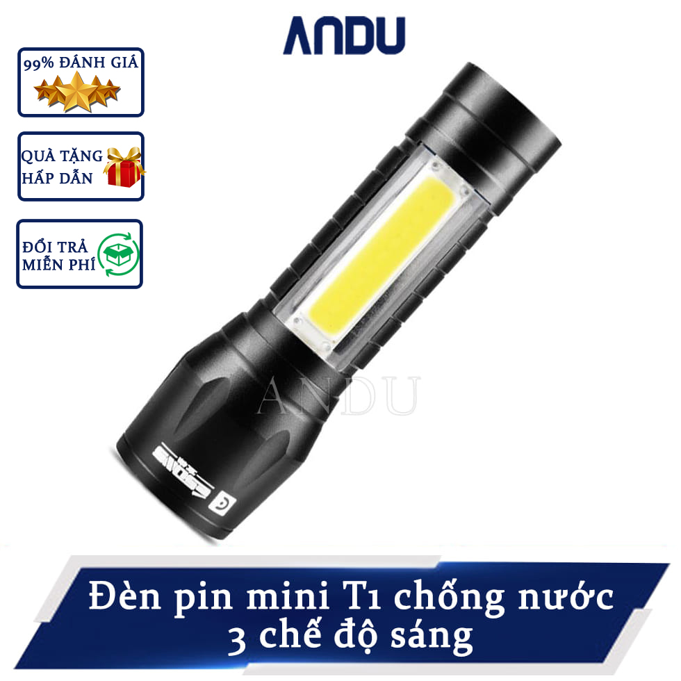 Đèn pin mini T1, Đèn siêu sáng Zoom ánh sáng xa và gần, chống nước, Full Box + cáp sạc