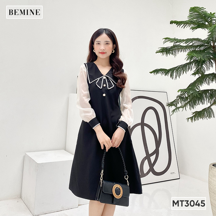 Đầm tay dài cổ phối nơ BEMINE MT3045DEN