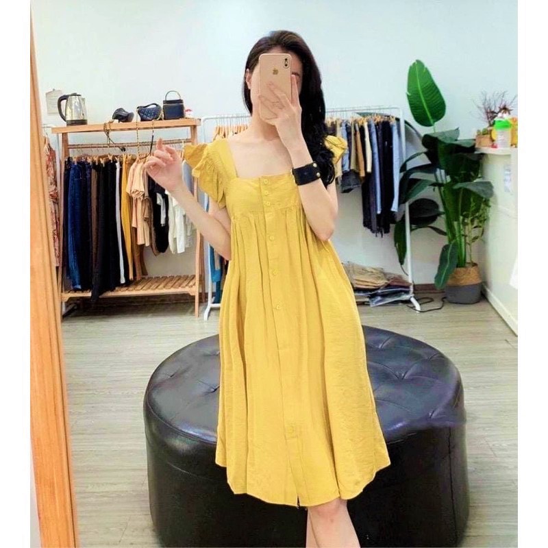 Váy 2 dây - đầm suông nữ 2 dây viền bèo cúc dọc Shynstores vải đũi cao cấp