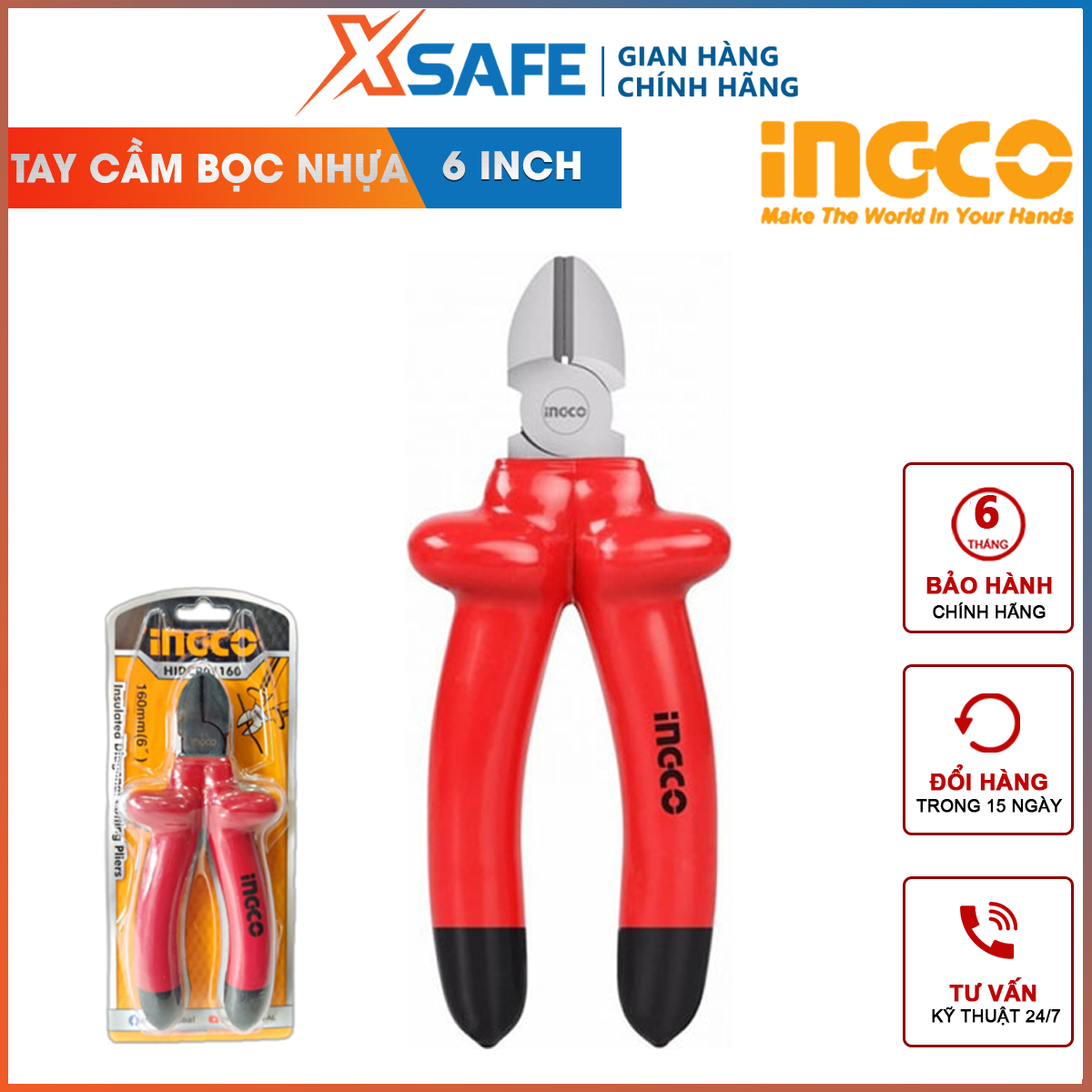 Kìm cắt cách điện ingco hidcp01160 | kềm cách điện kích thước 6 inch/160mm tay cầm bọc nhựa chuyên dụng và cách điện 1000v- 36/t cắt, kẹp, tuốt các loại dây cáp, dây điện, dây kim loại