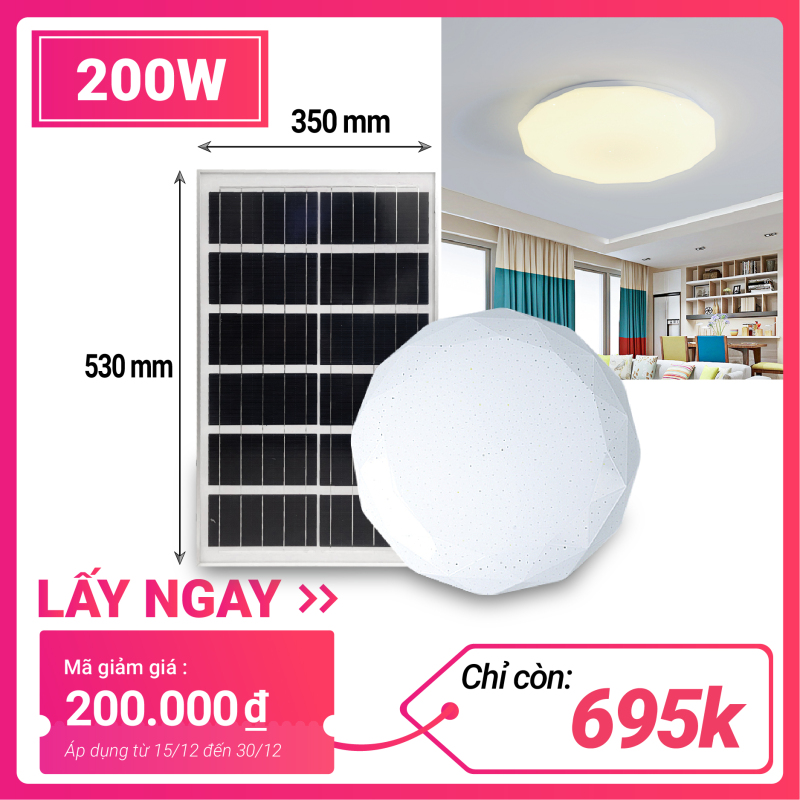 Đèn năng lượng mặt trời ốp trần trong nhà 200w. Cảm biến ánh sáng tự động bật sáng khi trời tối, và tắt đèn khi trời sáng