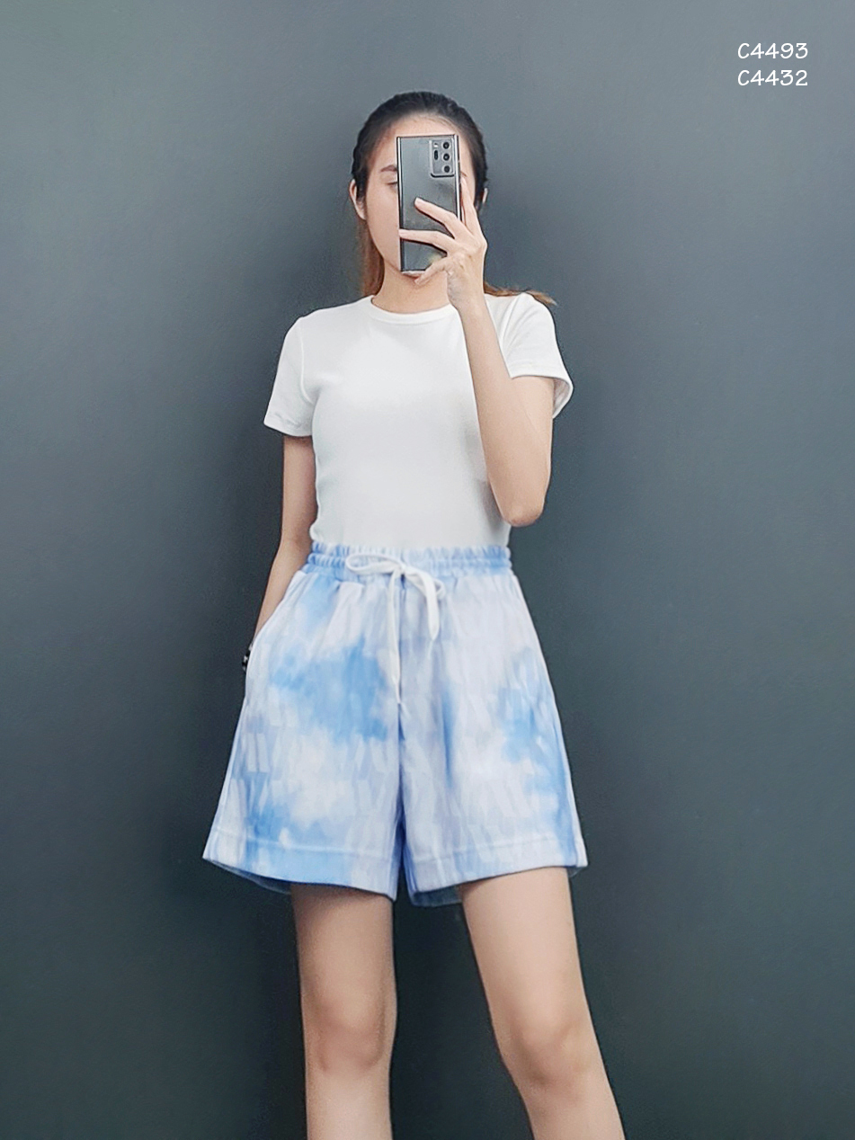 C4432 - Quần short xuất Hàn lưng thun cột nơ phối họa tiết loang