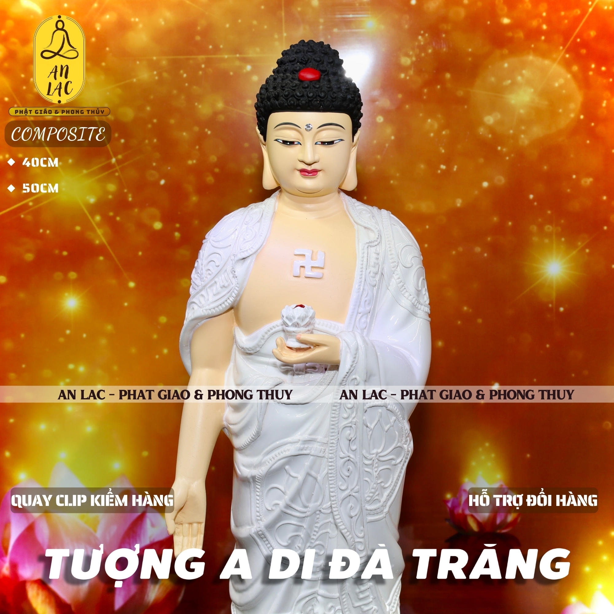TƯỢNG A DI ĐÀ ĐỨNG COMPOSITE MÀU TRẮNG 40CM & 50CM