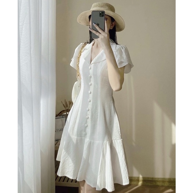ĐẦM TRẮNG NÚT BỌC, TAY SEN (có ảnh thật) MS118