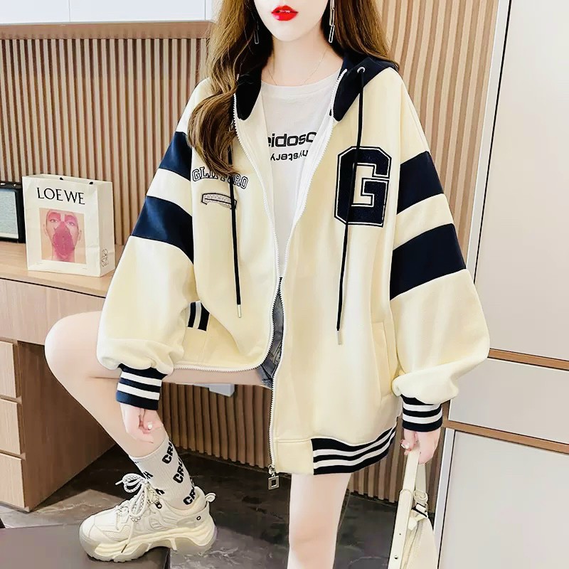 Áo Khoác Nỉ Nữ Kiểu Sọc Tay Thêu Logo Chữ G Lớn Nón Rộng Kiểu Dáng Hàn Quốc Hot Trend .UT