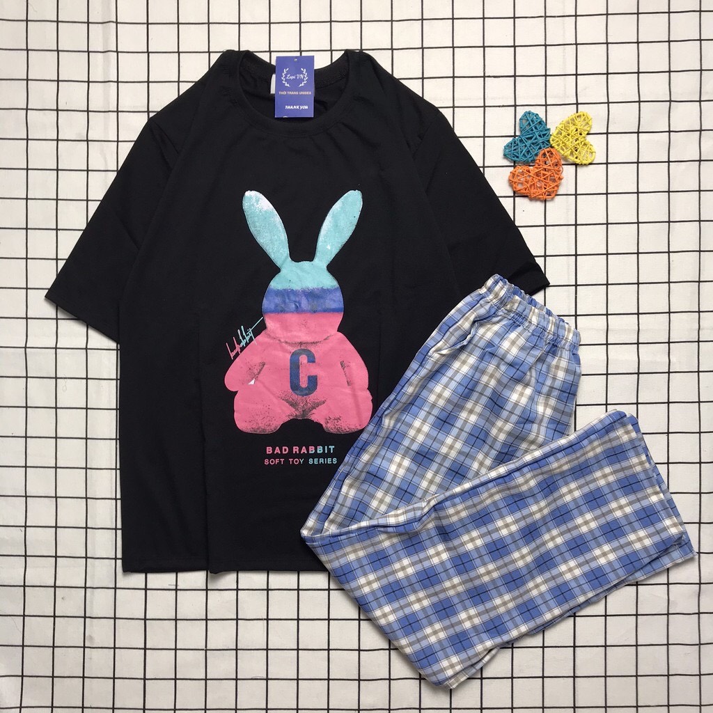 Đồ Bộ 3D Cartoon Thỏ Habit + Quần Caro Ống Rộng Siêu Hot  Vải Thun Coton Thoáng Mát  Đồ Bộ Hoạt Hình Đẹp  Đồ Bộ Dài Cho Nữ TTSLB0071