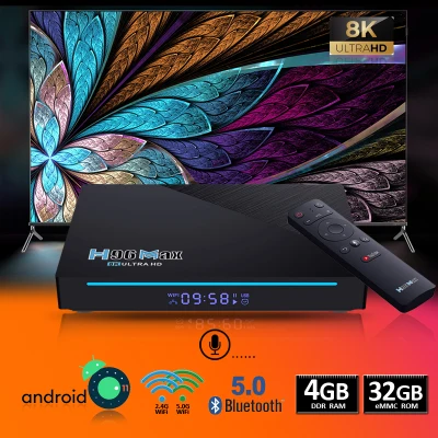 Android tv box 8K ultraHD Ram 4G Rom 32GB hệ điều hành android 11.0 Bluetooth 5.0 remote điều khiển bằng giọng nói bảo hành 12 tháng H96MAX 8K tv box