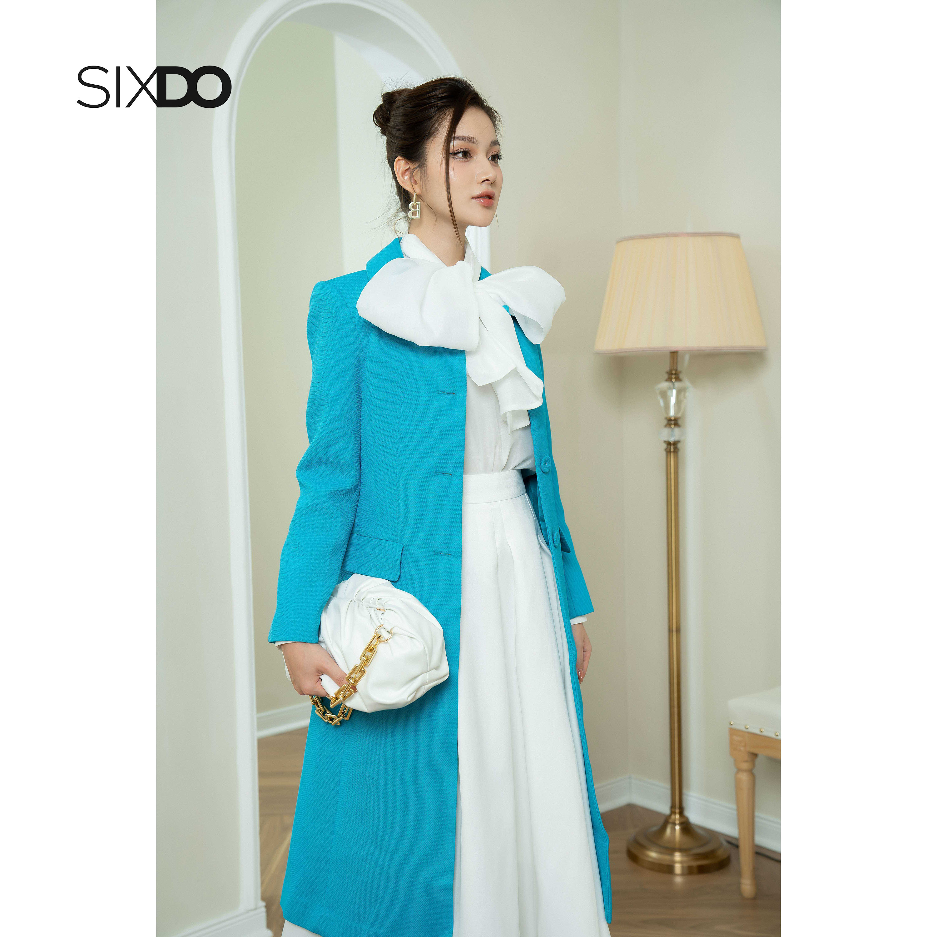 Áo mangto nữ xanh dệt thoi SIXDO
