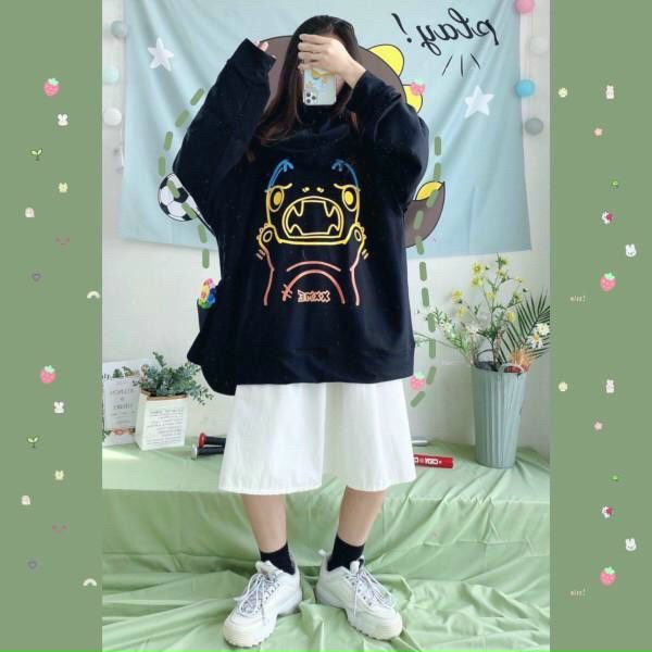 Áo hoodie nữ form rộng cá tính in hình 3D tay bồng phối nón cực hot TEEN 2020
