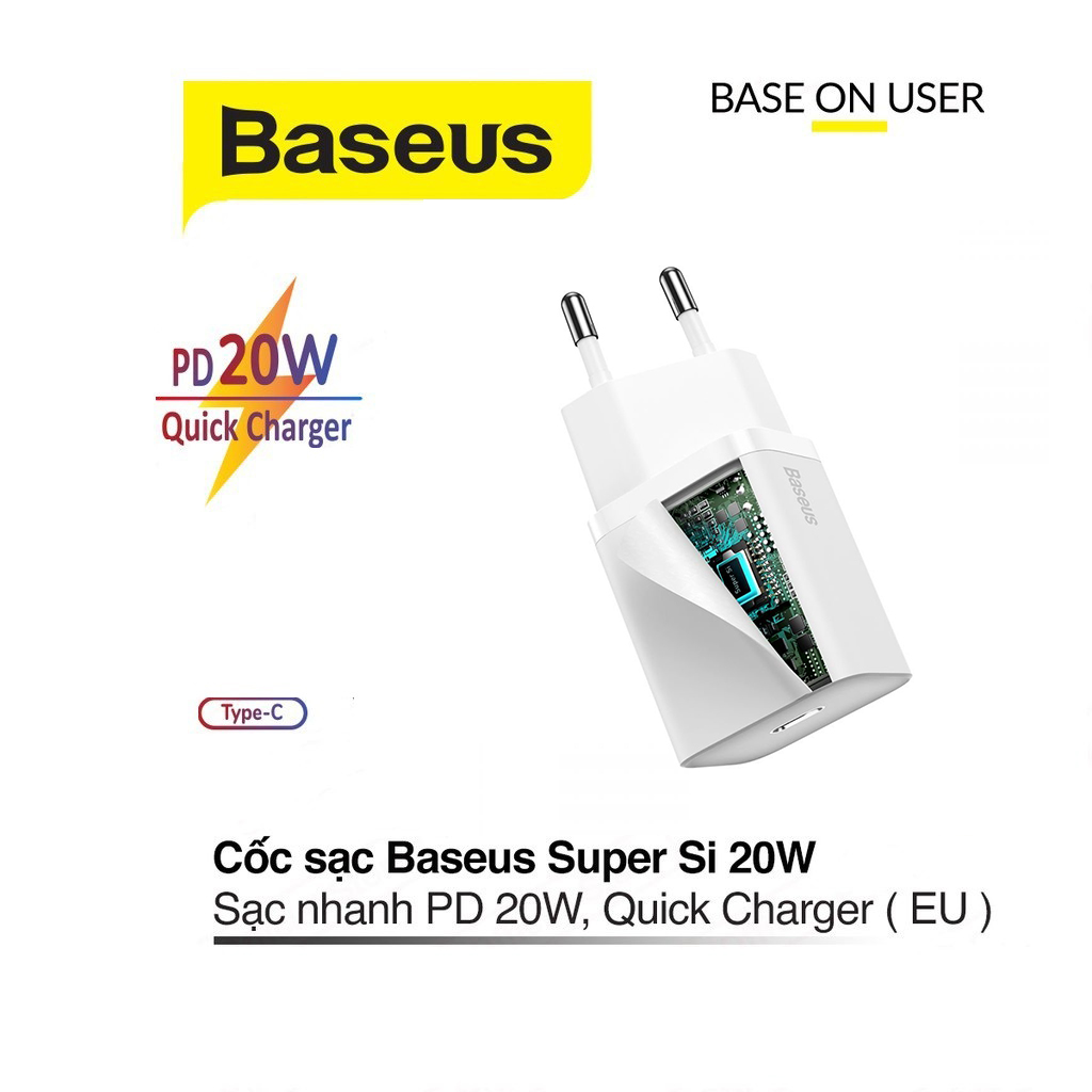 Củ sạc nhanh 20W Baseus Super Si chuôi tròn chất liệu chống cháy gồm 1 cổng Type-C cho Smartphone