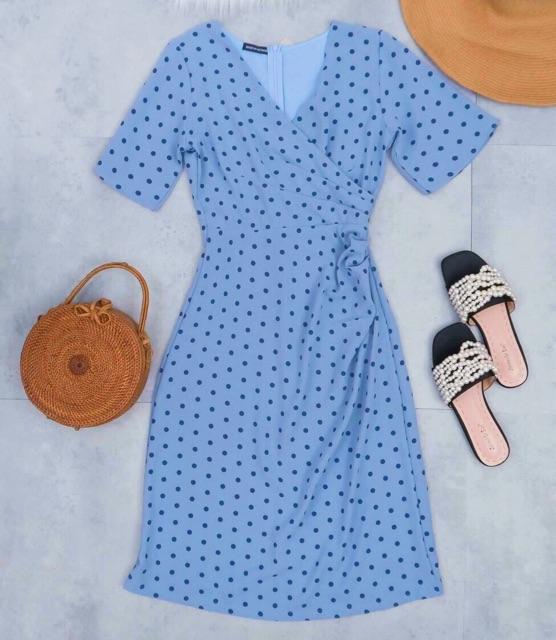 [HCM]Đầm blue bi xanh đen cổ V