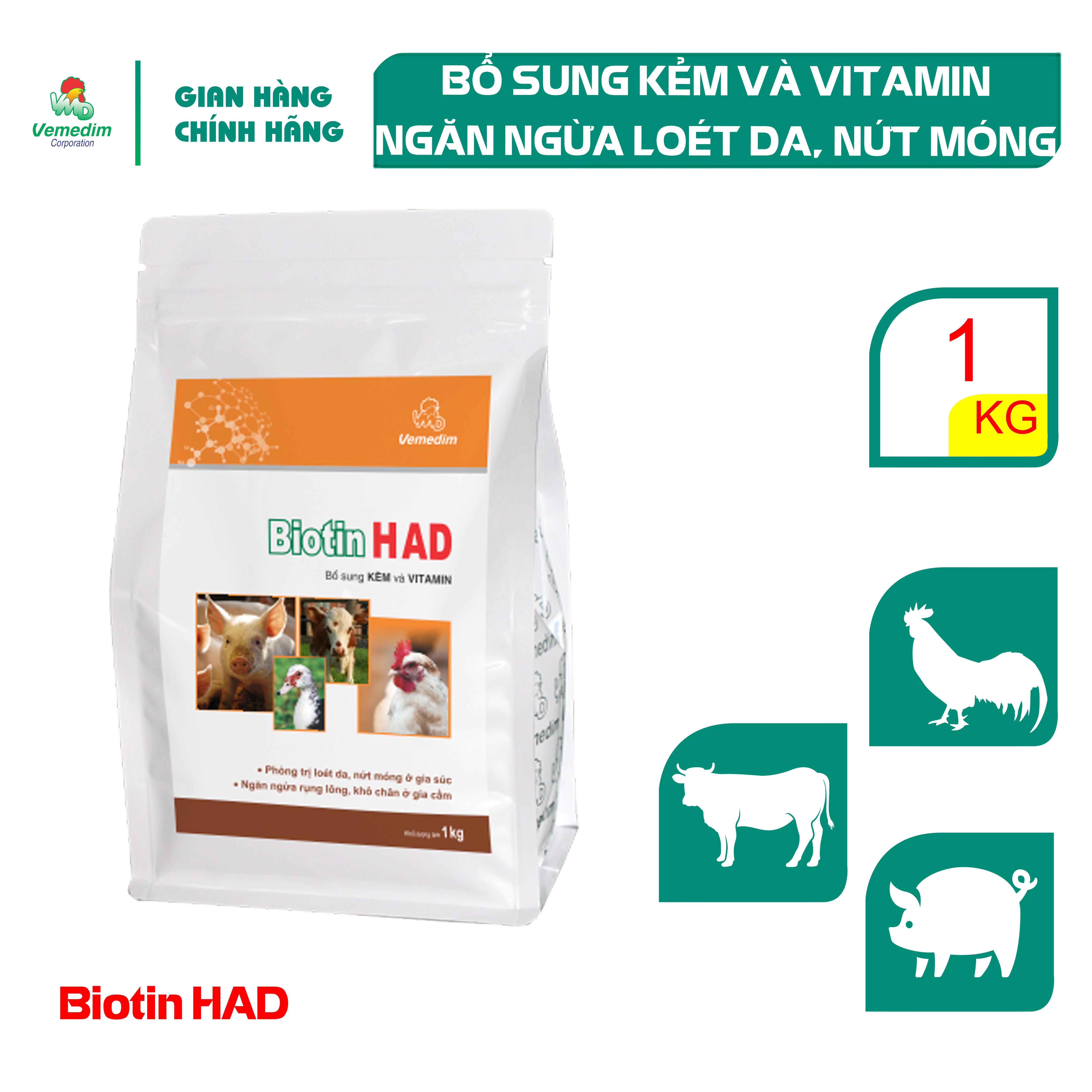 "Hoàn tiền đến 10%" Vemedim  Biotin HAD Bổ sung kẽm, biotin, vitamin A,D cho gia súc, gia cầm, gói 1kg