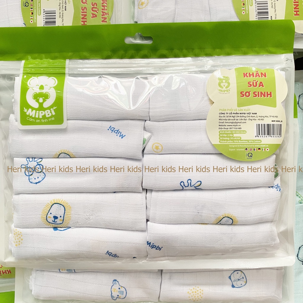 Khăn sữa Mipbi 10 điểm 4 lớp, túi 10 khăn