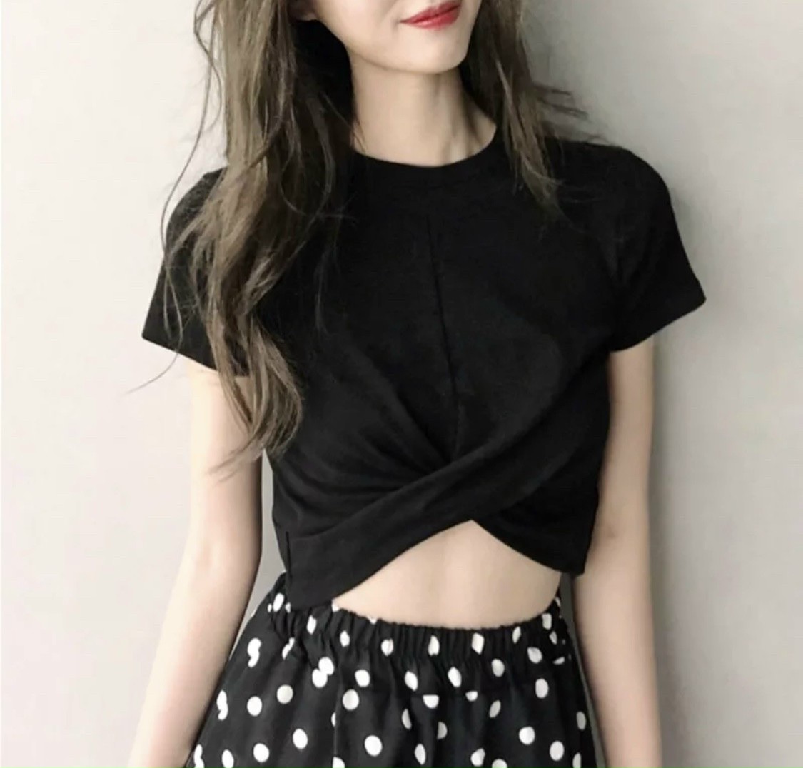 Áo Croptop nữ kiểu chéo eo cổ tròn trẻ trung