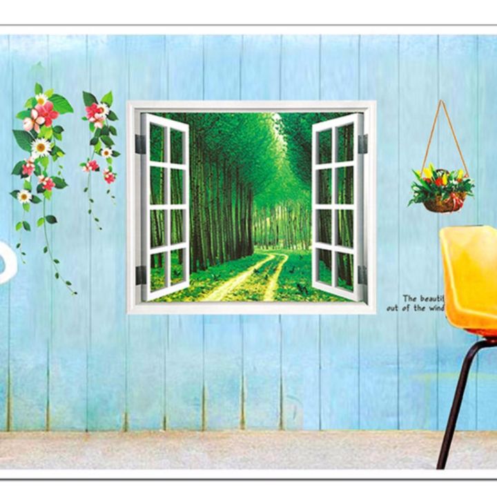 Decal dán tường CỬA SỔ 3D - RỪNG XANH Sticker Tranh Dán Tường - Decal dán tường cây xanh ,Decal dán tường hoa lá
