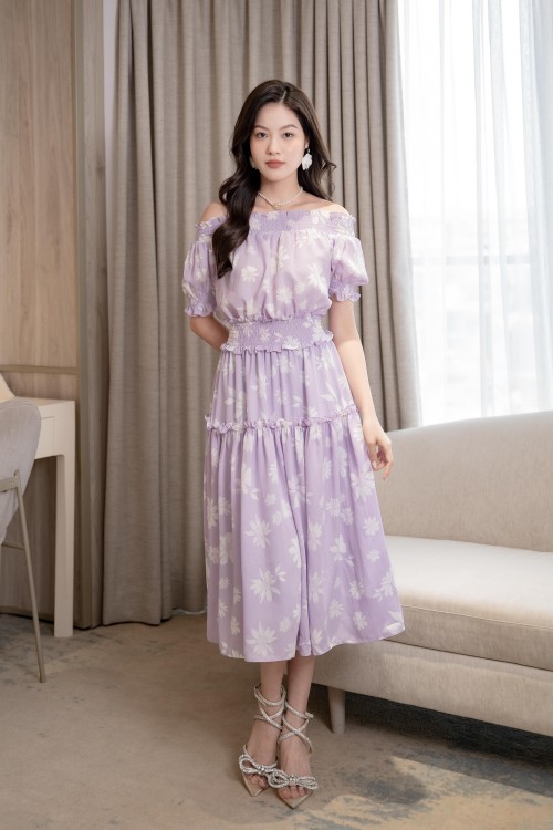 Đầm midi chiffon dáng xòe trễ vai chun eo thời trang SIXDO (Full Wine Midi Voile Floral Print Dress)