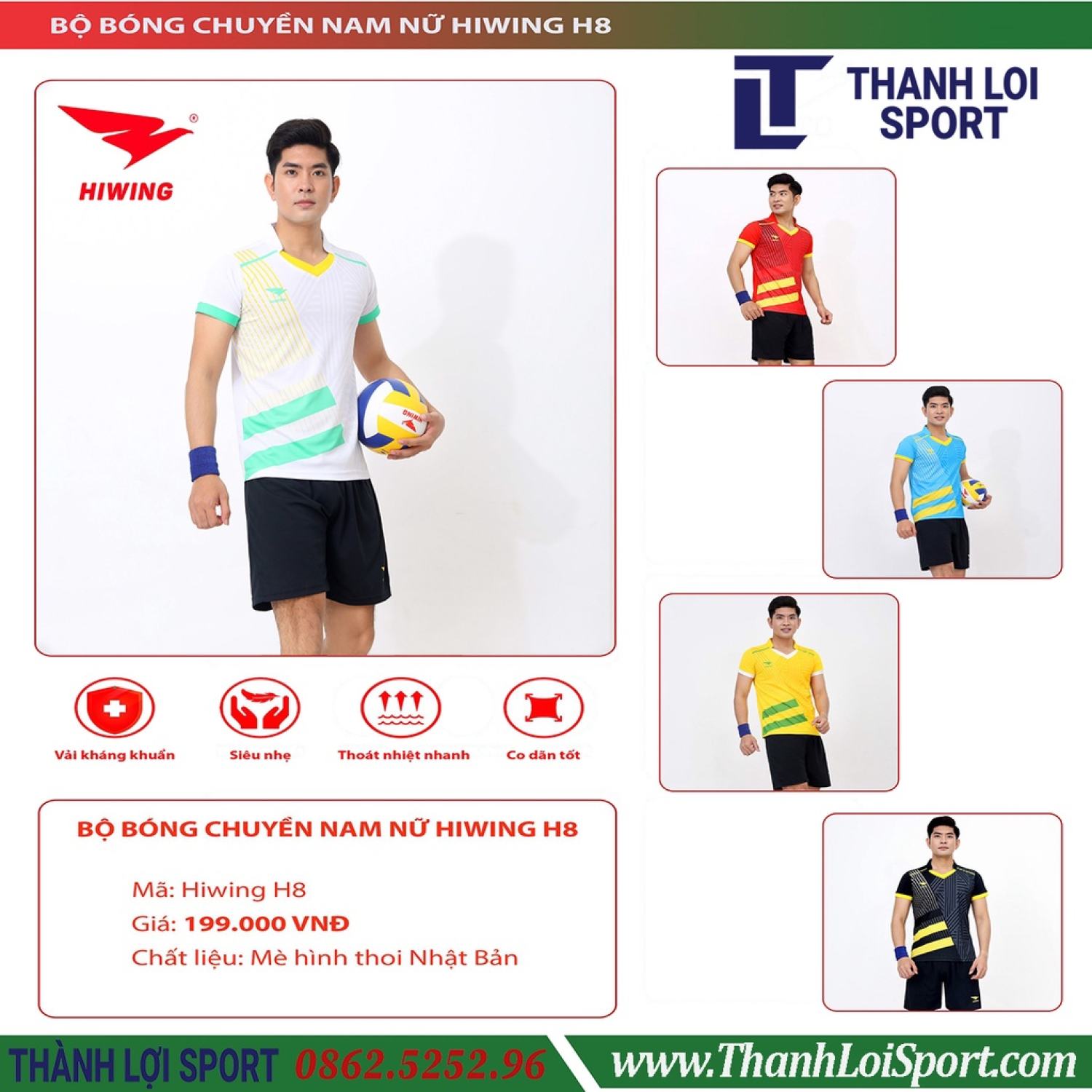 Bộ quần áo thể thao bóng chuyền Nam Hiwing H8 mới chất liệu vải mè Nhật