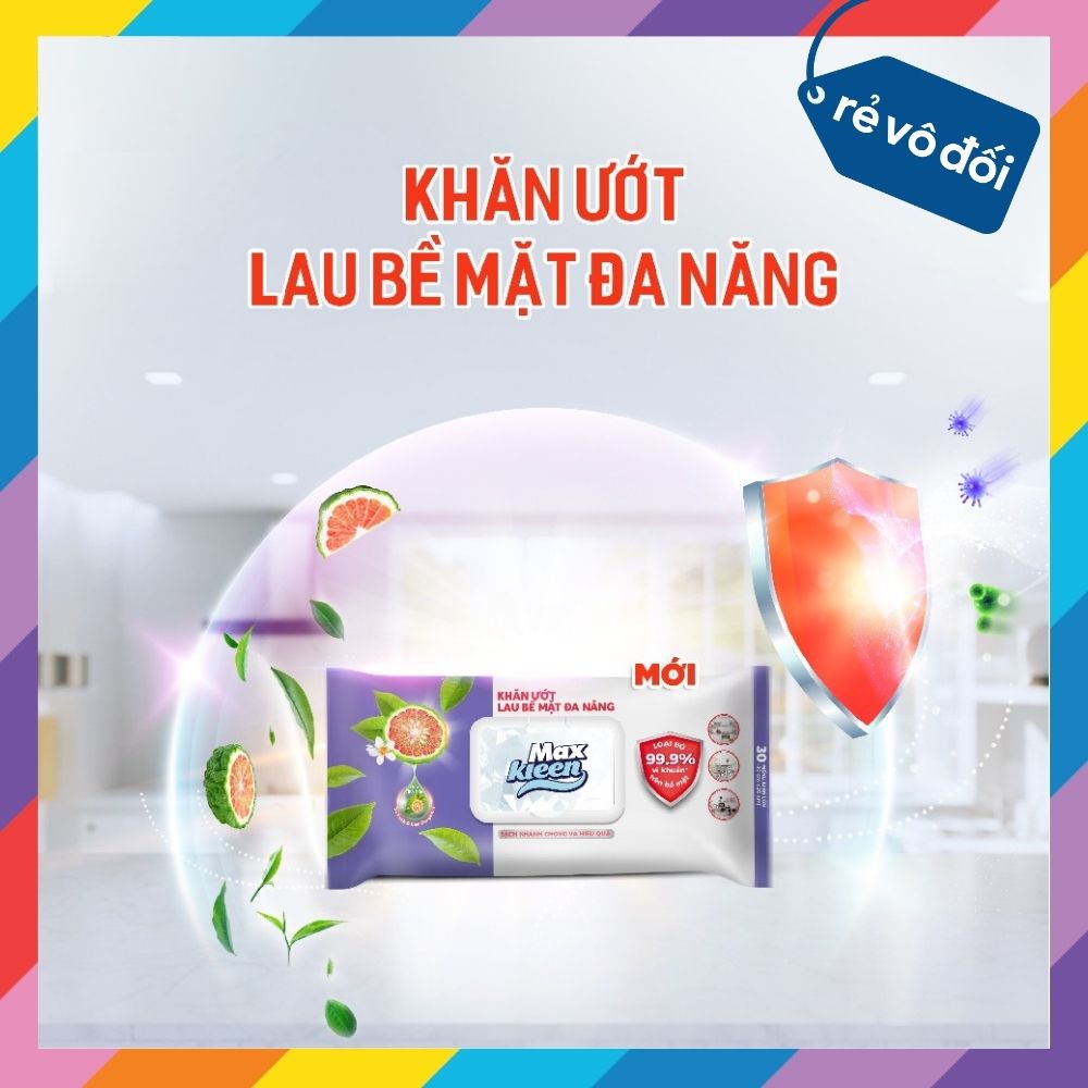 Khăn Ướt Lau Bề Mặt Đa Năng MaxKleen (30 miếng khăn lớn)