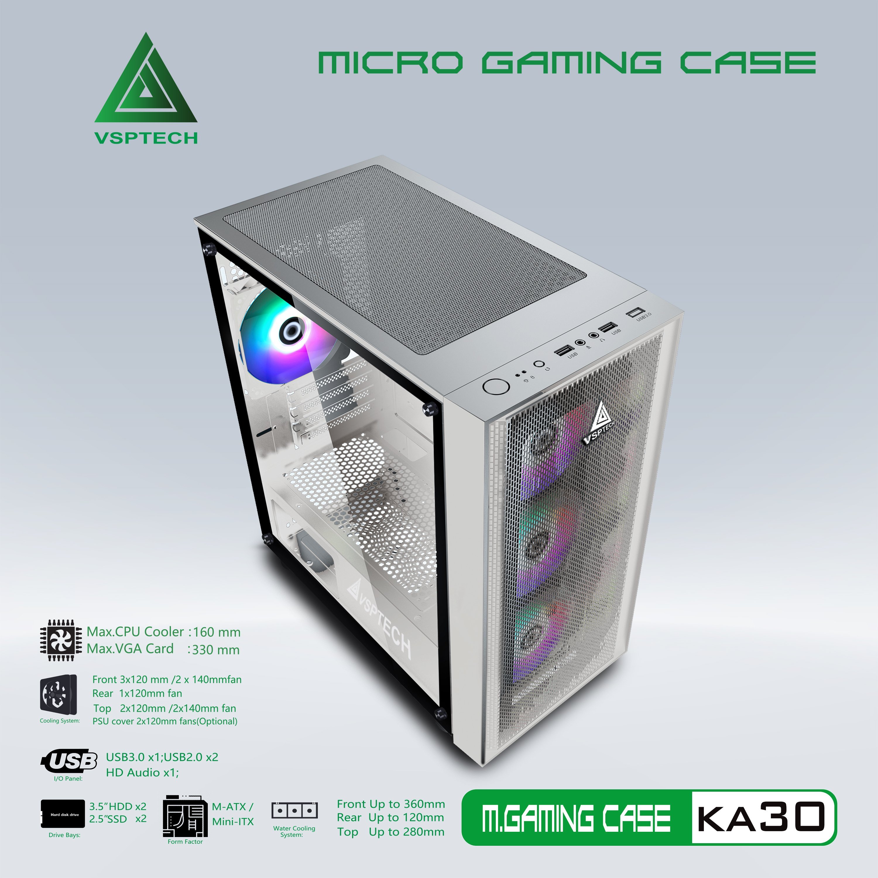 Case Gaming VSP KA30 Mini Tower (Màu Đen-Trắng-Hồng- Xanh)