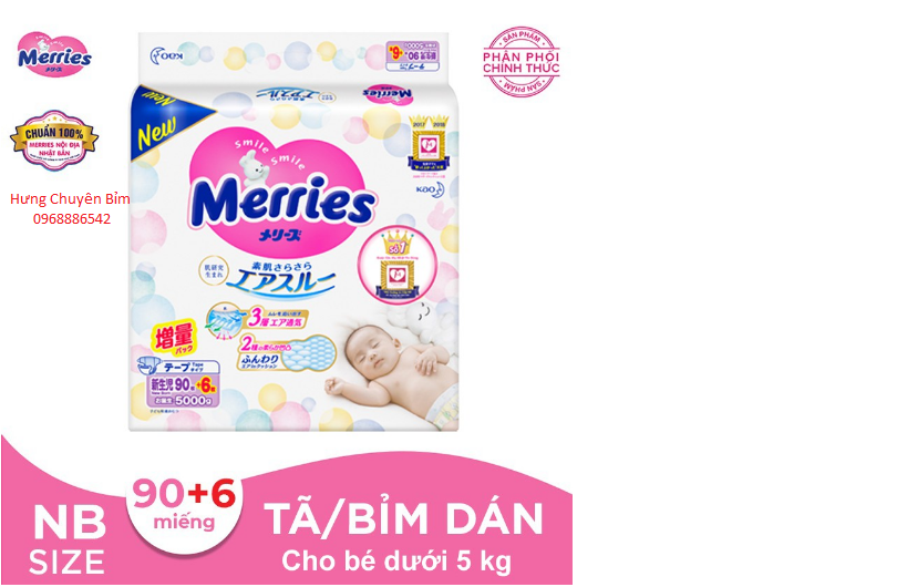 Bỉm/Tã dán Merries + miếng nội địa nhật đủ size NB90/S88/M68