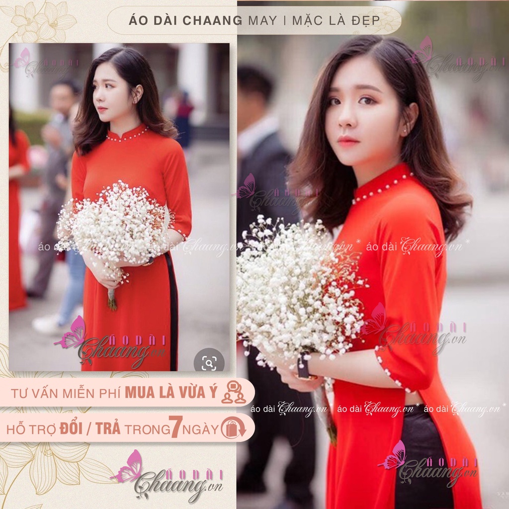 Áo dài đỏ đính đá ngọc_Chaang_May sẵn áo dài truyền thống tay lỡ, vải lụa đỏ tươi đẹp