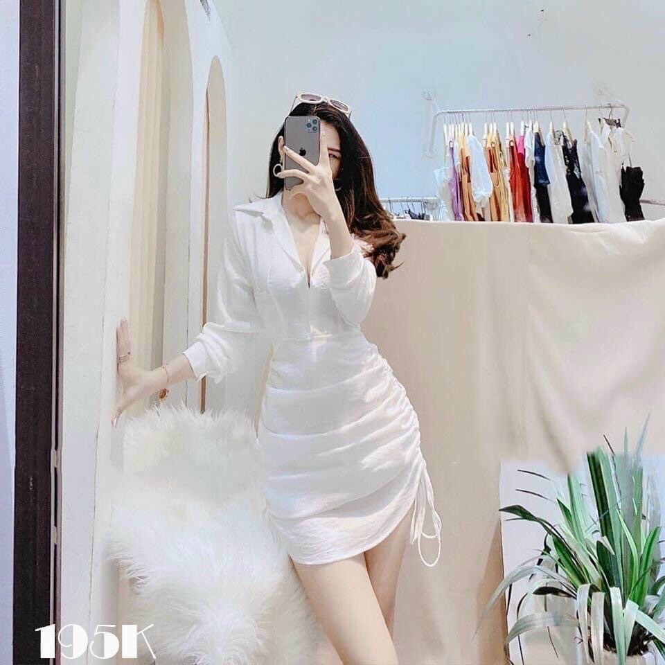 [HCM]Đầm sơ mi tay dài rút hai bên hông