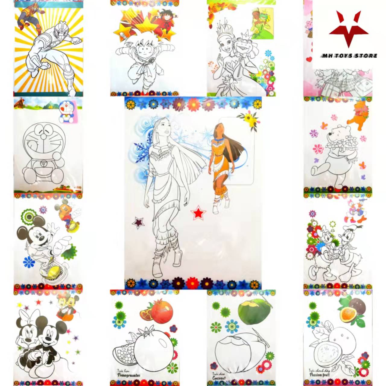 hình vẽ tranh tô màu cho bé (bộ = 10 tờ) - đủ các loại hình công chúa, siêu  nhân, trái cây, vịt donald, chuột mickey, doremon... 