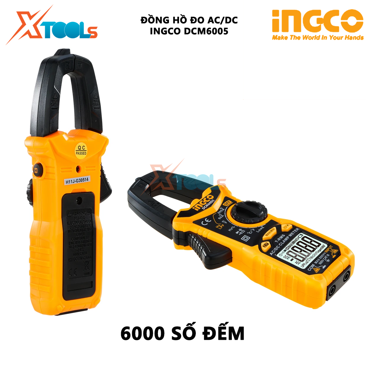 Đồng hồ kẹp AC/DC INGCO DCM6005 Ampe kìm 6000 số lưu dữ liệu, Dòng điện 60A / 600A đo dòng điện, điện áp hoặc điện trở XTOOLs