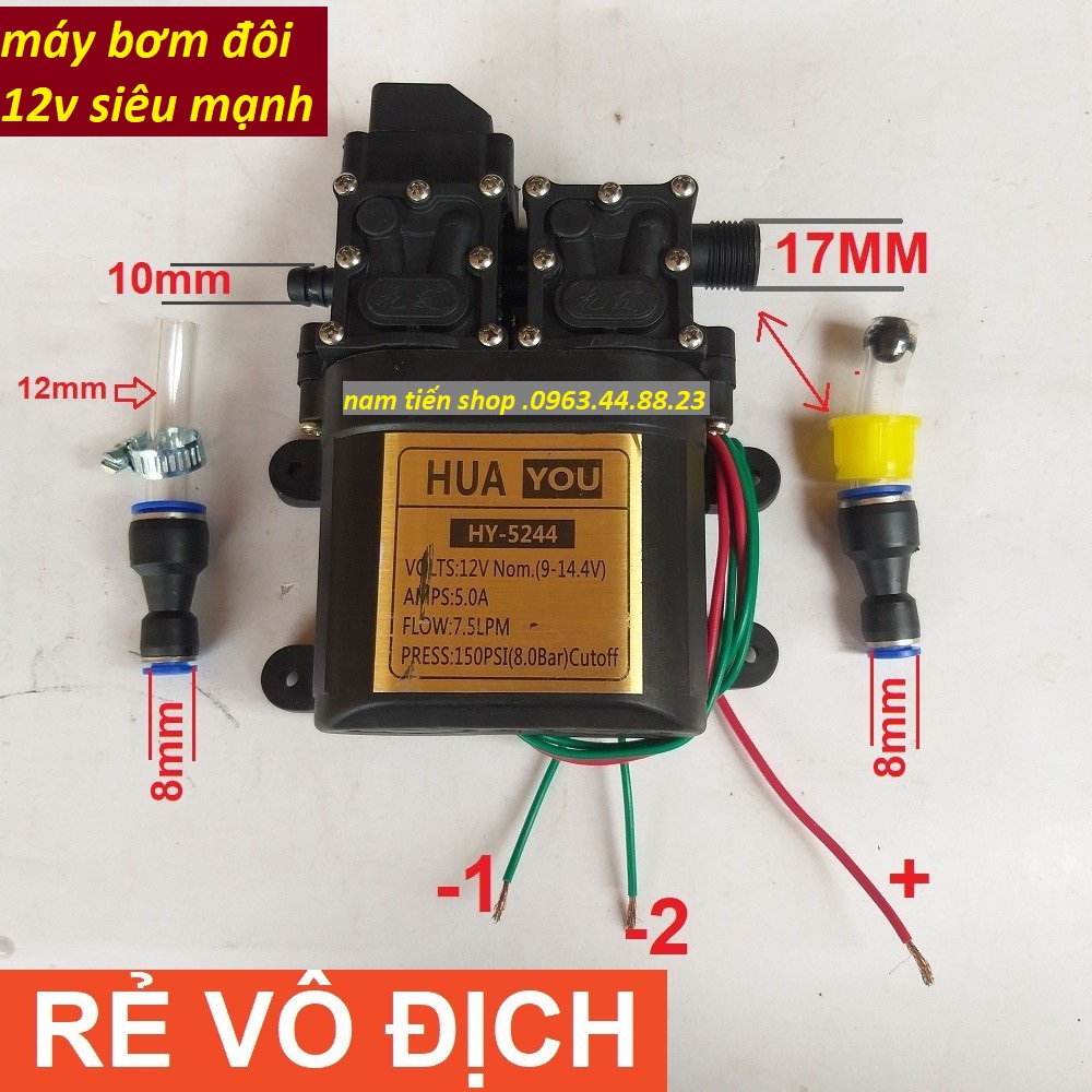 Máy bơm nước đôi mini 12v phun sương, rửa xe áp lực cao tự ngắt - may bom doi tang ap mini 12v  ( tặng kèm đầu chuyển 8 li )