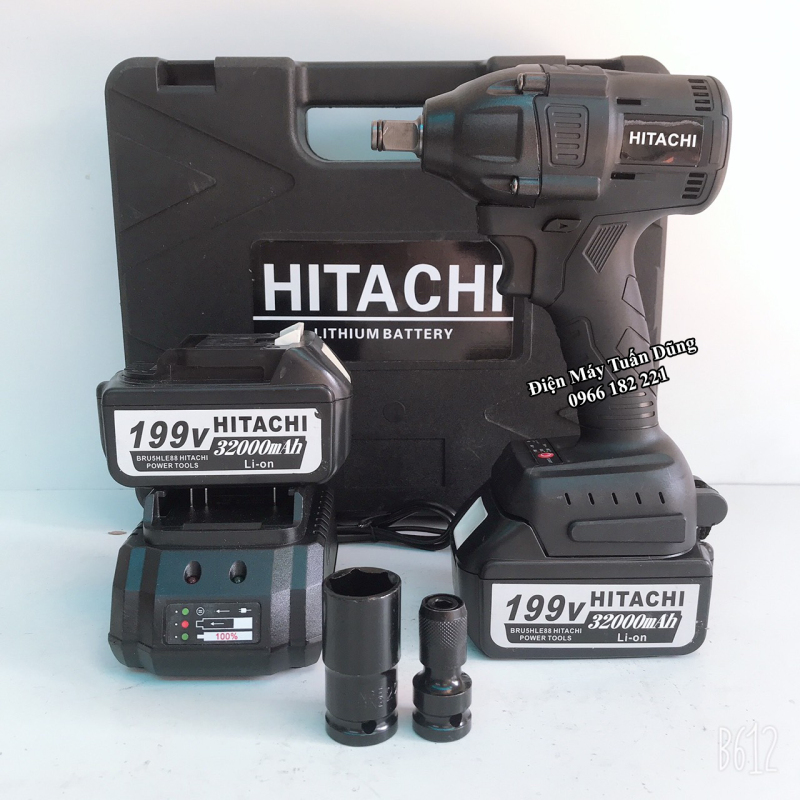 [Fullbox] Máy vặn bulong Hitachi 199v, 2 pin, Kèm đầu chuyển vít và đầu khẩu 22