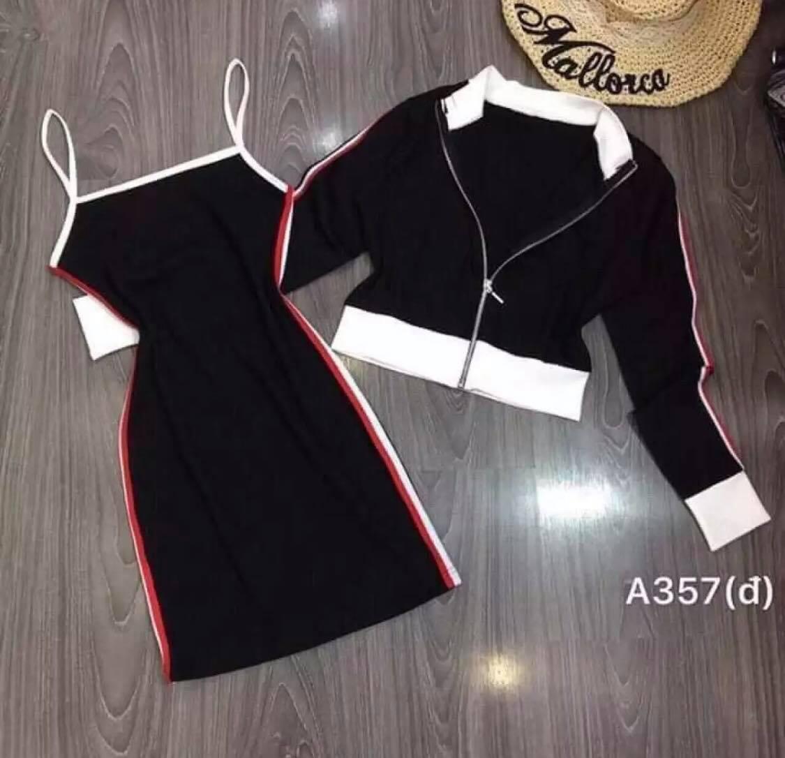 Set áo khoác và đầm body 2 dây hình thật