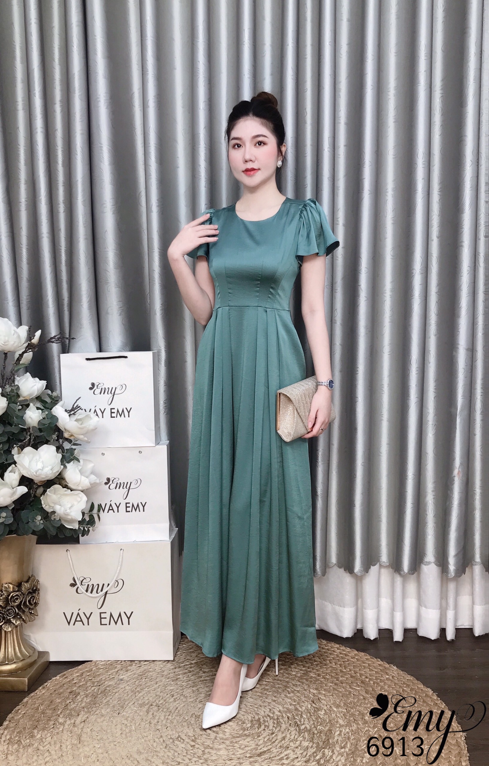 Đầm EMY EM6913 Dạ Hội Xanh Lụa 2 Da