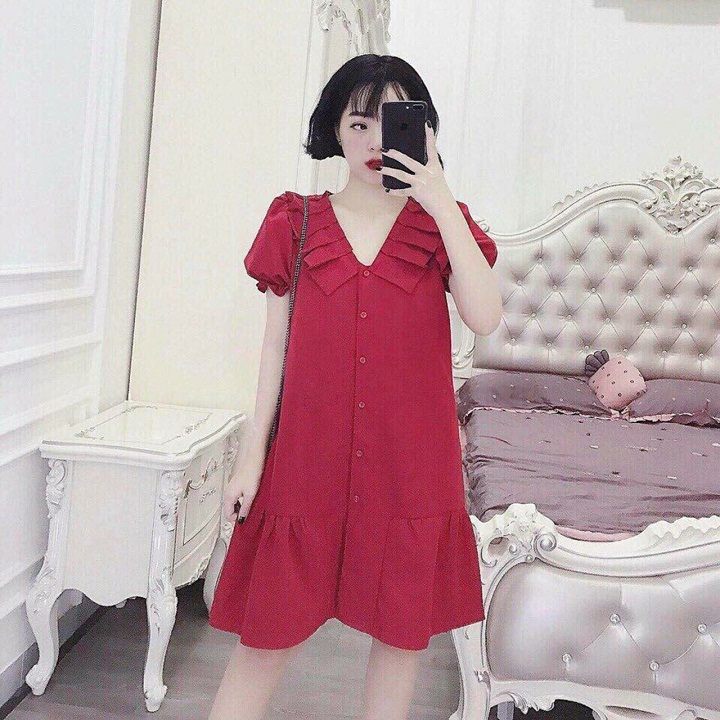 Đầm bầu suông xếp ly cổ