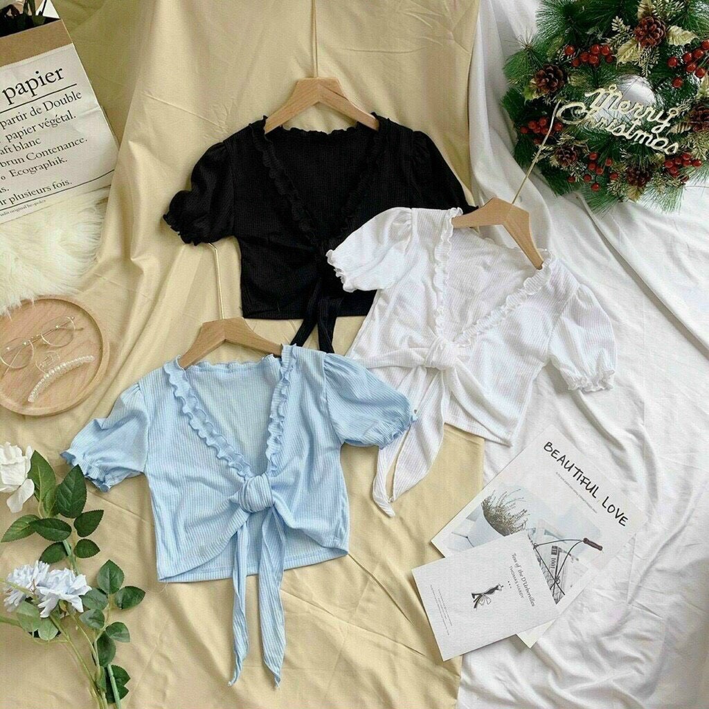 Áo Croptop Gân Cột Nơ Ngực