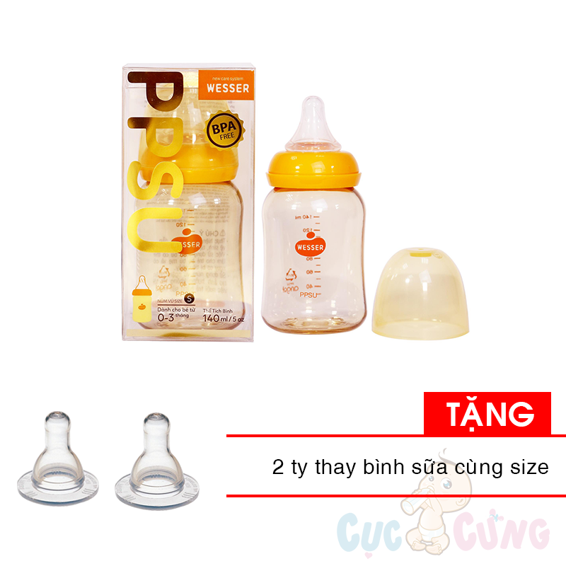 Bình sữa Wesser cổ nhỏ nhựa PPSU 140ml (phiên bản mới) Tặng 2 ty binh sua cùng size