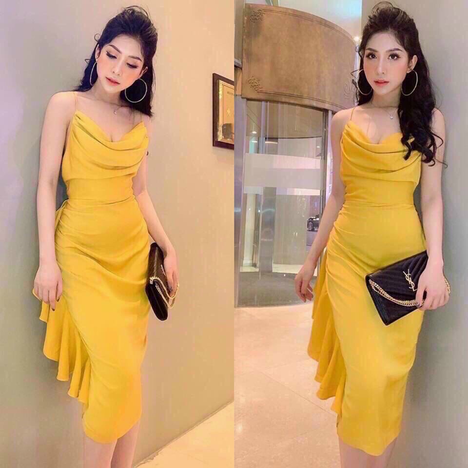 [HCM]Đầm xếp ly cổ đổ cao cấp thời trang dạ hội dự tiệc