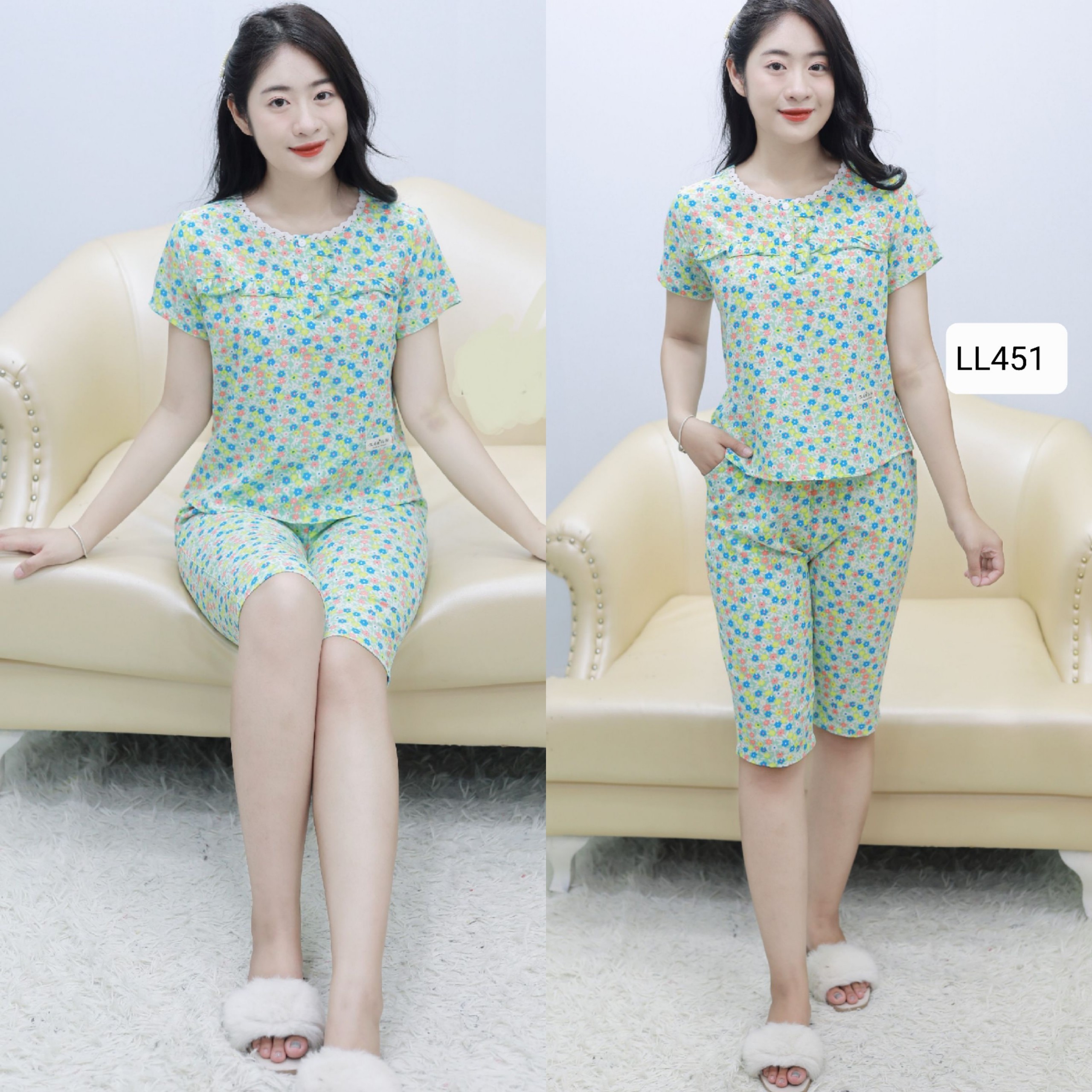 Quần áo bộ nữ, quần áo đồ bộ nữ mặc nhà mẫu lửng cute chất liệu lụa mềm mát