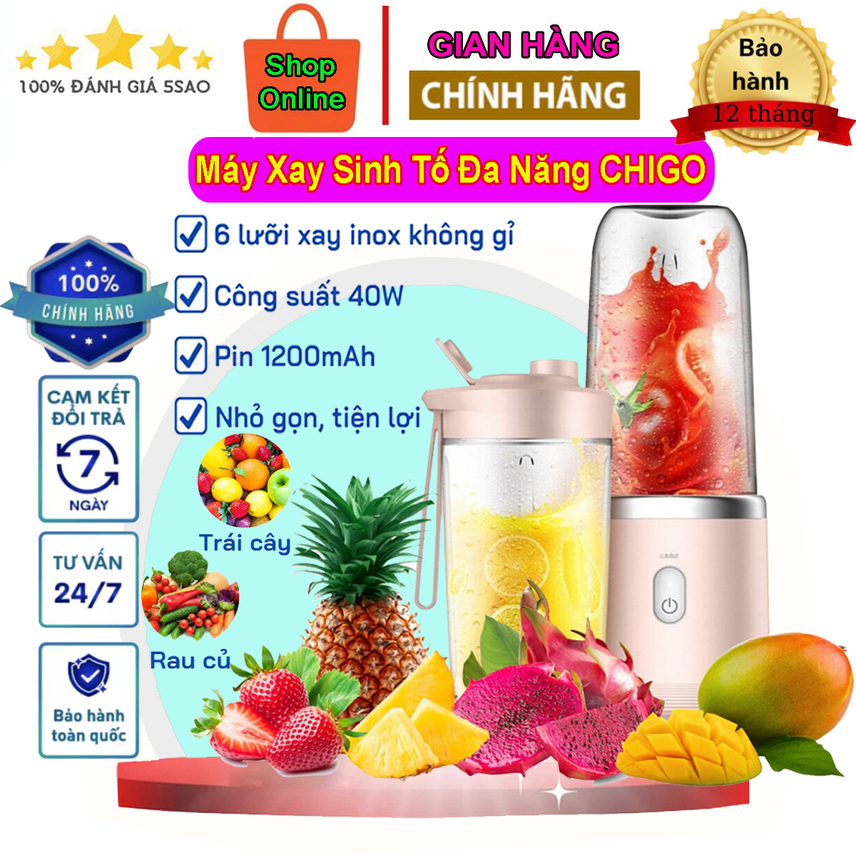 Máy xay sinh tố chigo, máy xay sinh tố cầm tay đa năng, công suất 40w, dung tích 300ml, dung lượng pin 1200mah, 6 lưỡi dao sắc bén, xay thịt, xay đá,xay ăn dặm cho bé, máy xay sinh tố mini cầm tay, máy xay sinh tố đa năng