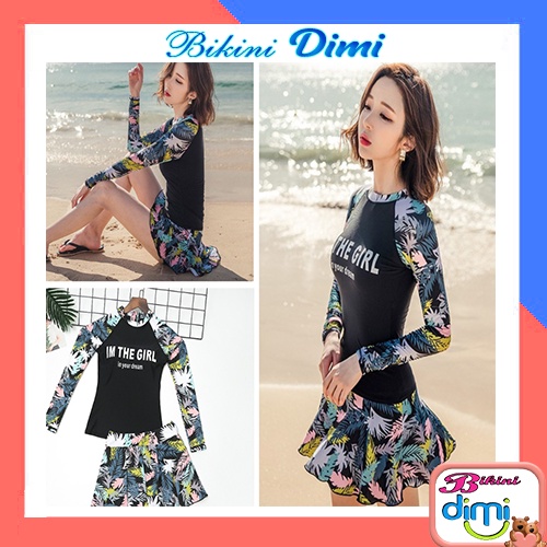Bikini nữ , đồ bơi đi biển hai mảnh tay dài váy xòe hoa đi biển đi bơi